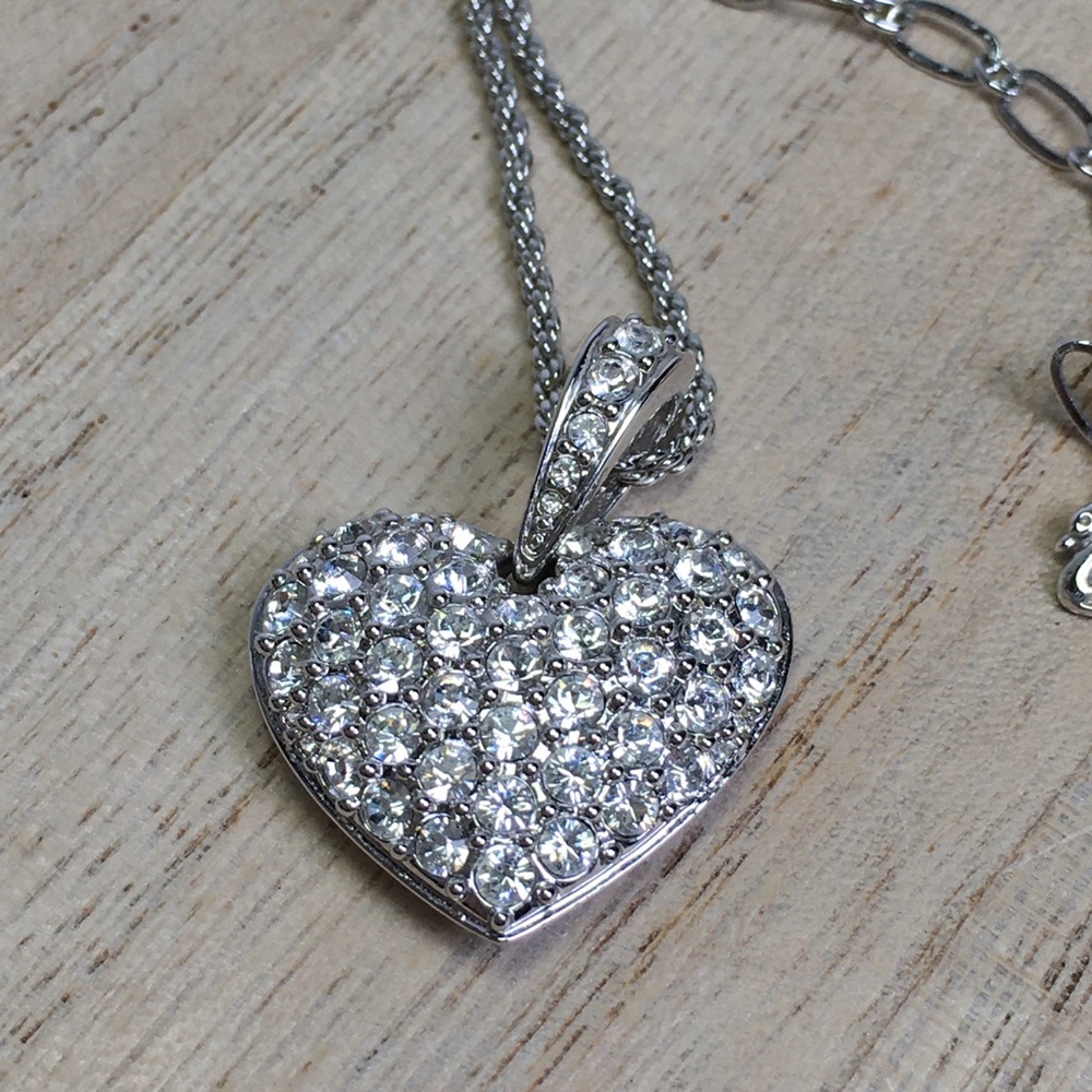 Swarovski Pave Crystal Puffy Heart Pendant Necklace Silver Tone - Picture 2 of 6